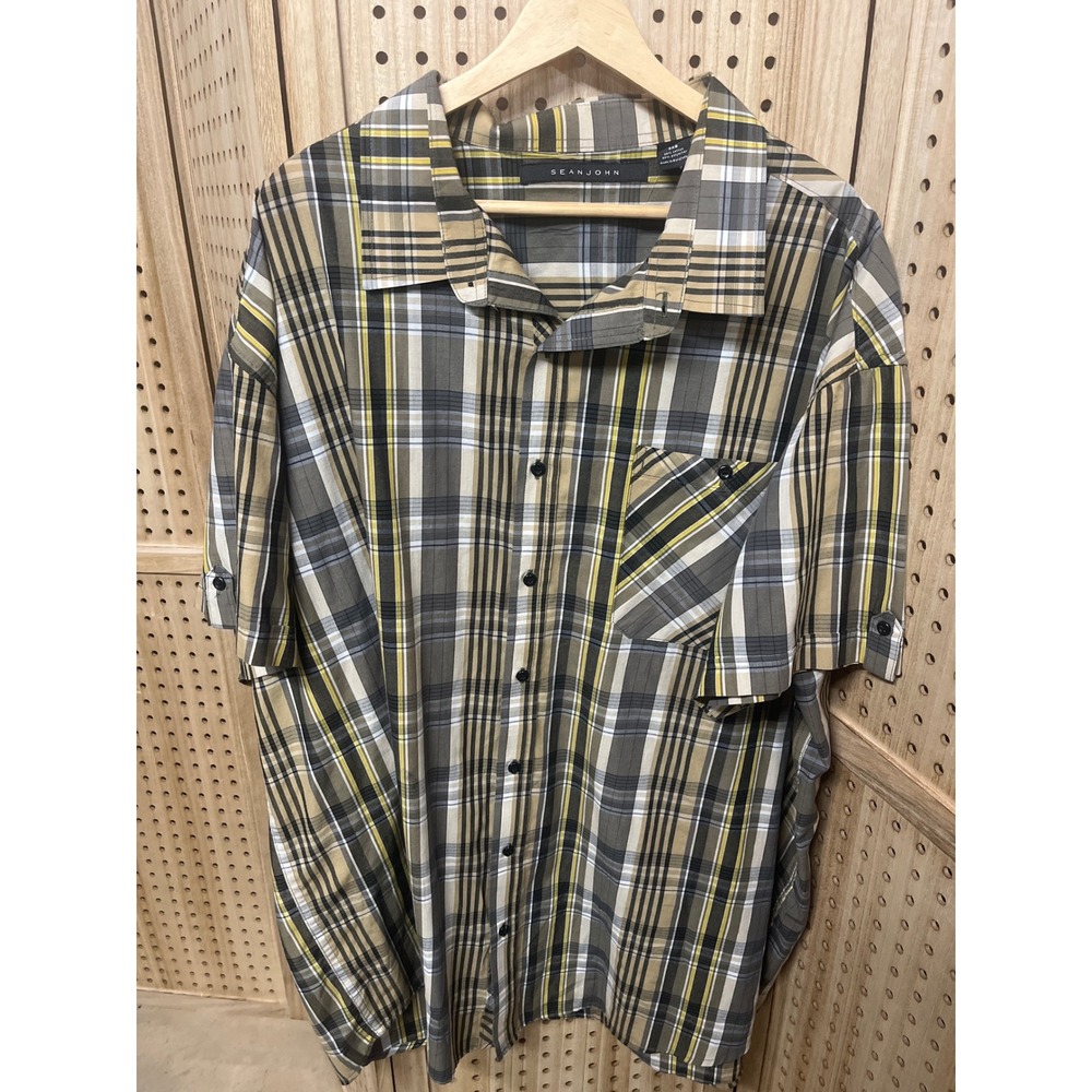 Sean John Mens Big & Tall 3XB Plaid Short Sleeve Button Down Shirt Grey Yellow